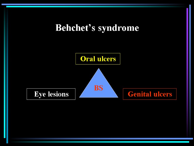 Behchet’s syndrome Oral ulcers Genital ulcers Eye lesions BS